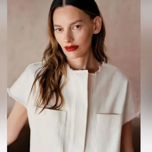 Everlane Womens XL Denim Workwear Shirt Dress Frayed Hem in Bone Organic Cotton - Picture 3 of 15